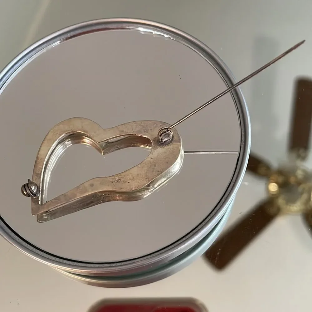 Vintage 925 silver open heart brooch pin‎